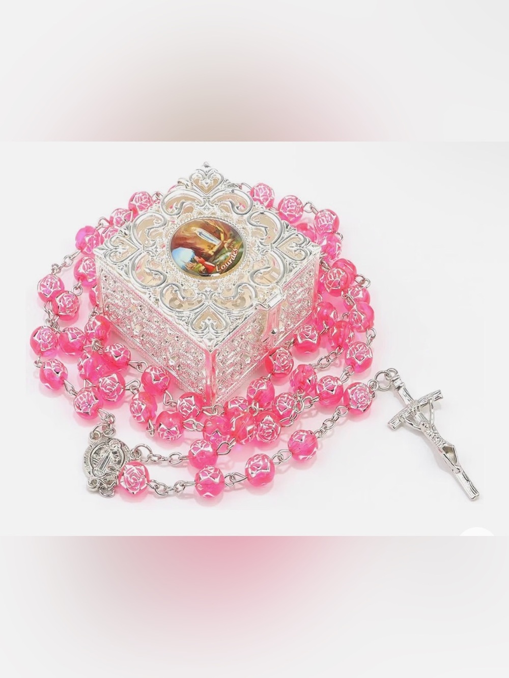 Pink Rosary Bead Necklace with Silver Crucifix and keepsake box